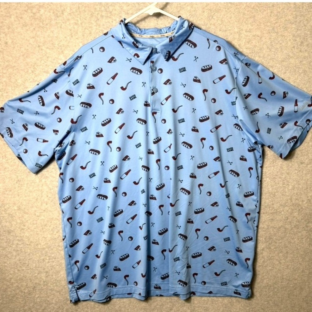Walter Hagen Mens XXL Golf Polo Blue Hot Dog Beer Pipe Print Short Sleeve Shirt